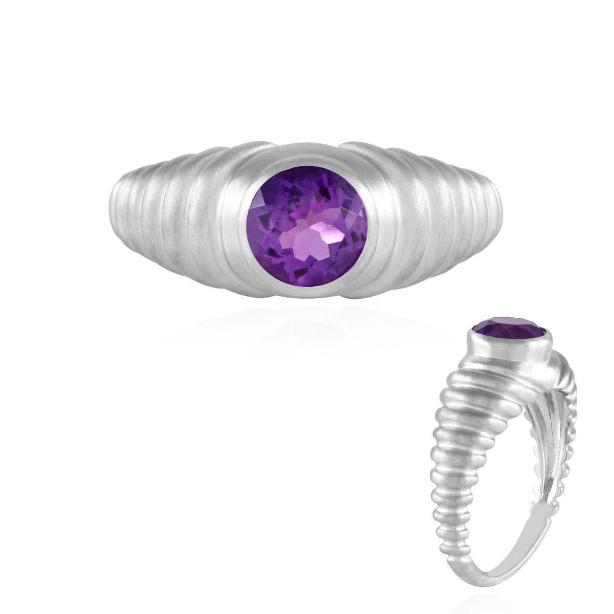 Cavill - Zilveren ring 925 Sterling Platina Geplateerd met 1,13 ct Ronde Marokkaanse Amethist - Elegante Robuuste ring met geribbeld detail
