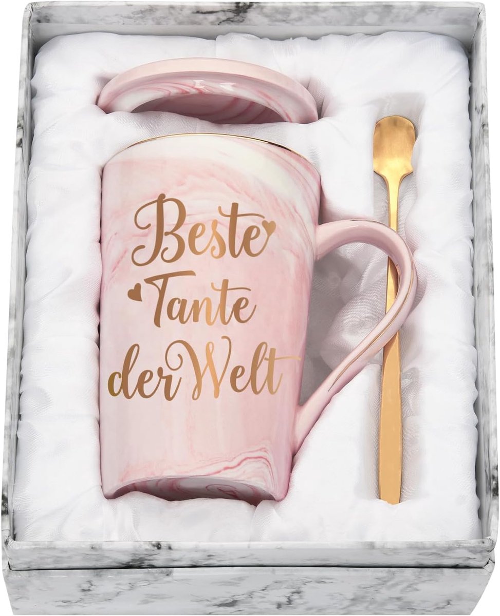Cadeaus voor tante en moeder, beste tante van de wereld, kerst- en Moederdagcadeaus, 400 ml, roze keramische marmeren beker met deksel, lepel en geschenkdoos