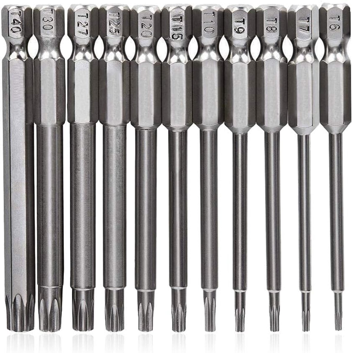 11 Stuks 1/4 Inch Hex Shank Torx Beveiligingskop Schroevendraaier Bit Magnetische Ster S2 Stalen Schroevendraaier Set Bits T6-T40, 75mm/3 Inch Lang