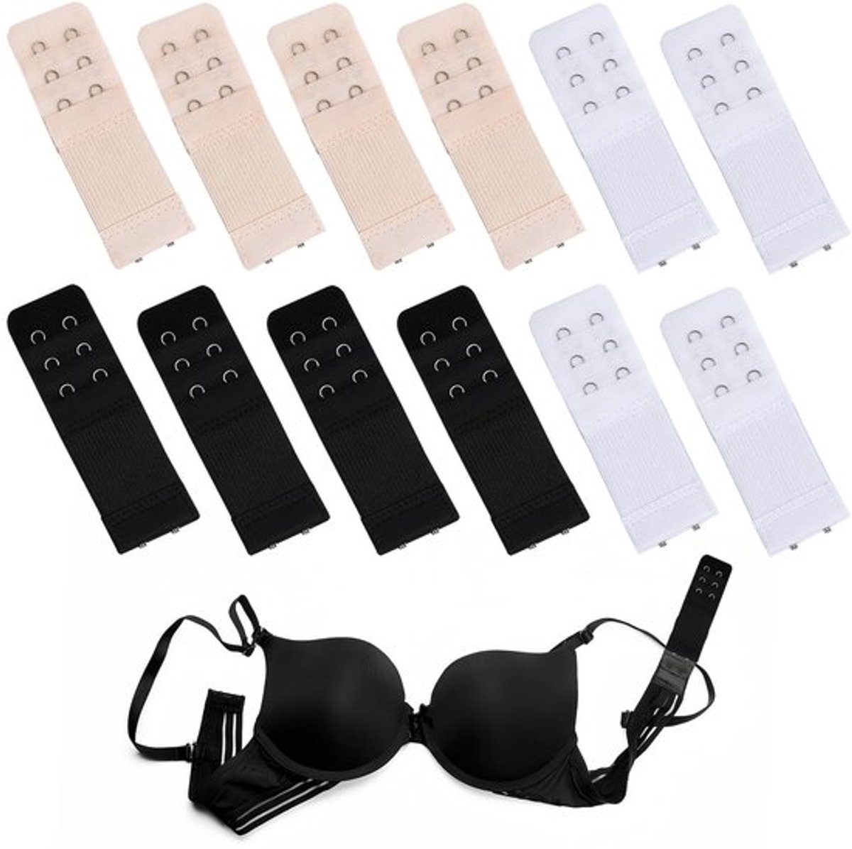 BH Verlenging 12 Stuks - Dames - 2 Haken/3 Rijen - Nylon - Huidvriendelijk - Stretch - Zwart/Wit/Huidskleur - Beha Extender