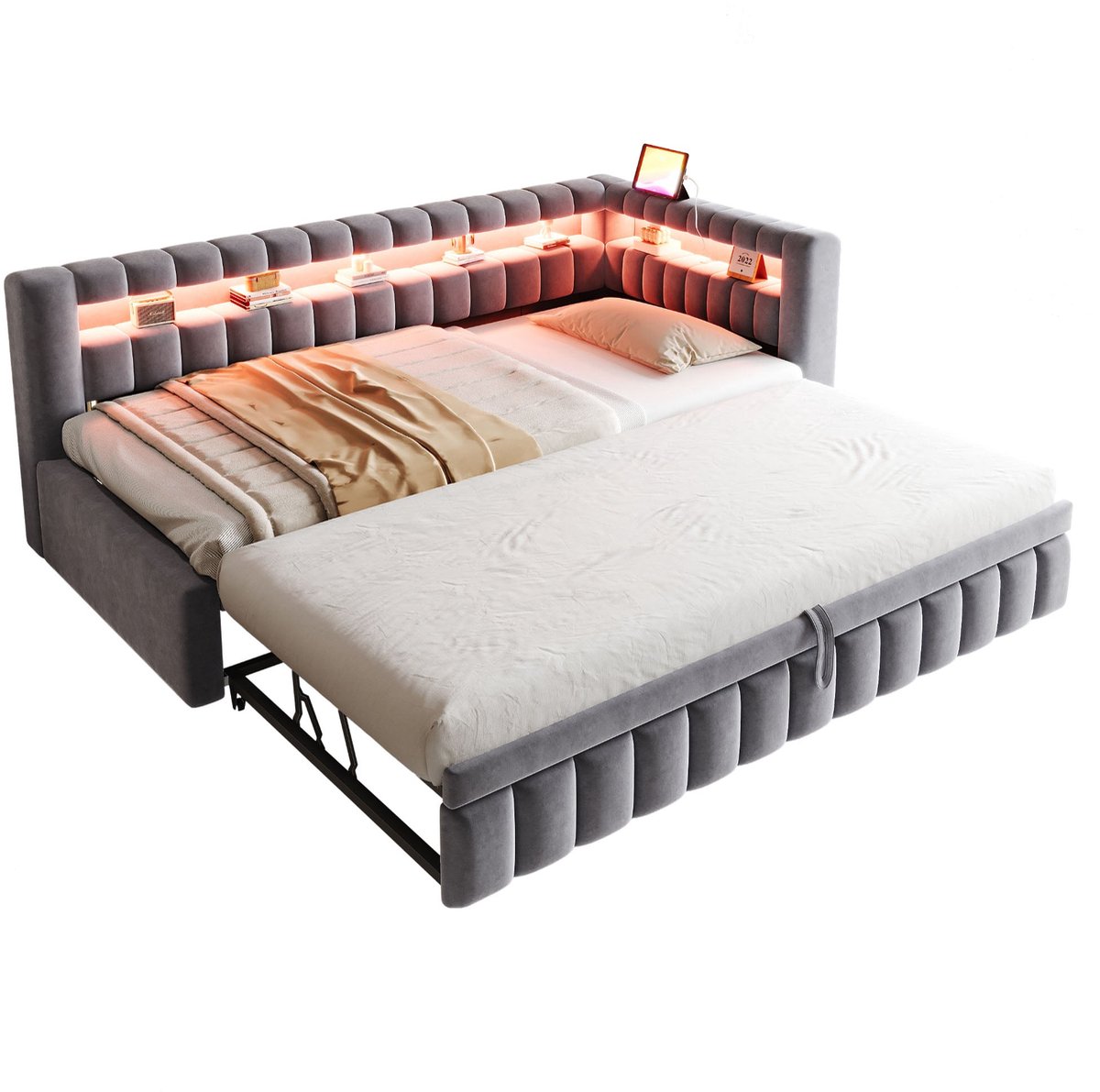 Merax Slaapbank 90x200 cm - Uitziehbaar Logeerbed - Donkergrijs Fluweel - LED Verlichting - USB en USB-C - Met Opbergruimte