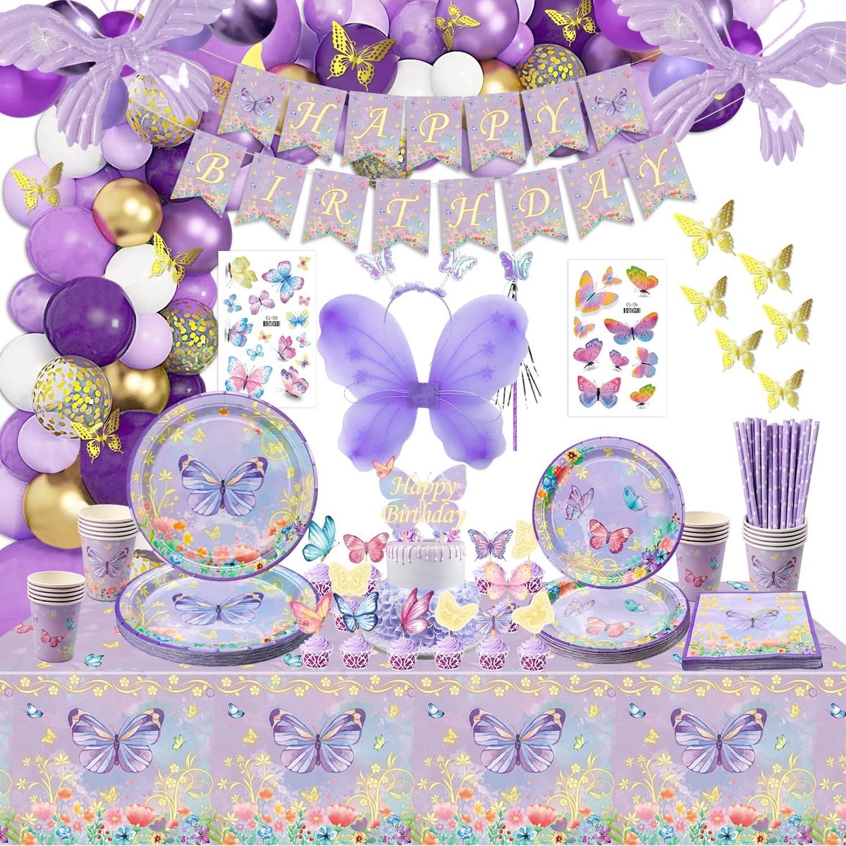 213 stuks paarse vlinderdecoraties - inclusief borden, kopjes, tafelkleed, ballon, vlinder verjaardagsbanner, vlinderstickers, vlindervleugelset voor vlinder verjaardagsdecoraties benodigdheden