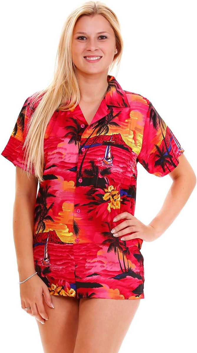 Funky Hawaïblouse voor dames, korte mouwen, voorzak, boyfriend cut, Hawaii-print, strand, surfen, uniek