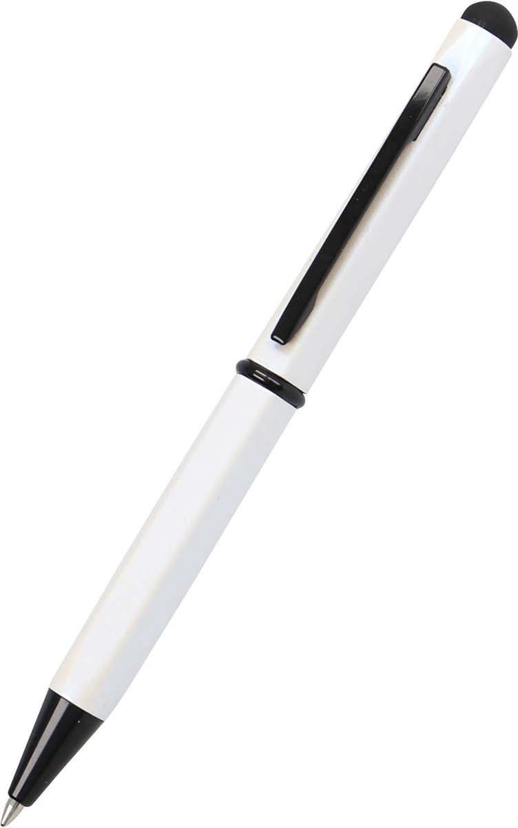 balpen, hexagon stylus, wit, zeshoekige balpen van aluminium, verwisselbare D1-vulling, schrijfkleur blauw, stift met touchpen, 1 stuk