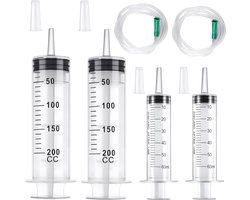 2 Stuks Grote Spuit 200ml, 2 Stuks Spuiten 60ml, Herbruikbare Spuit zonder Naald, Kunststof Steriele Spuiten met 2 x 1m Slang en Deksel, Voor Dierenvoeding Vloeistofmeting Laboratorium