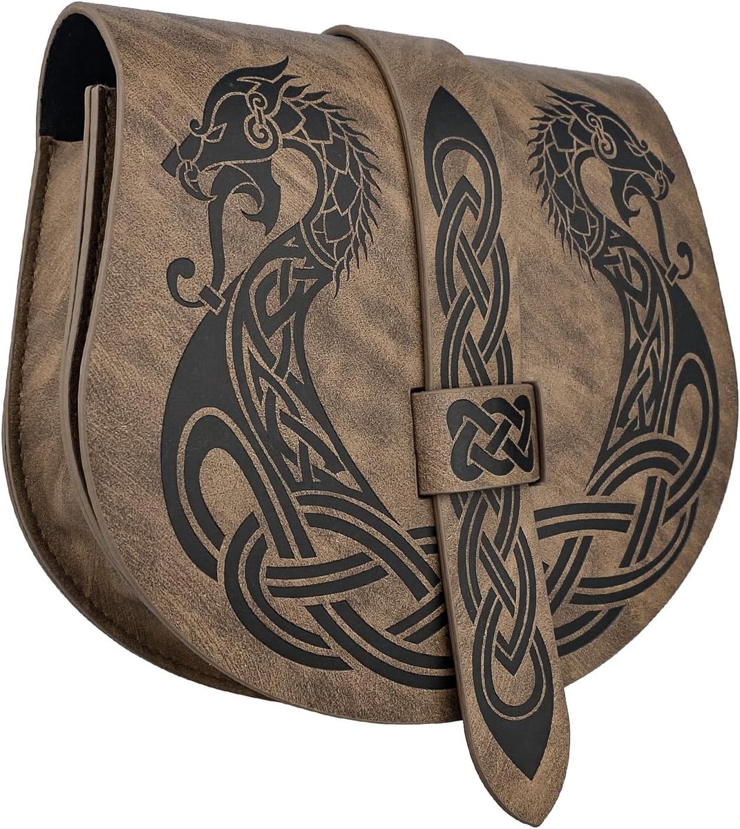 Viking Langskip Riemtasje met reliëf, Middeleeuwse Faux Leren Flap Zadel Zijtas portemonnees, Retro Draagbare Riemtas (Bruin A)