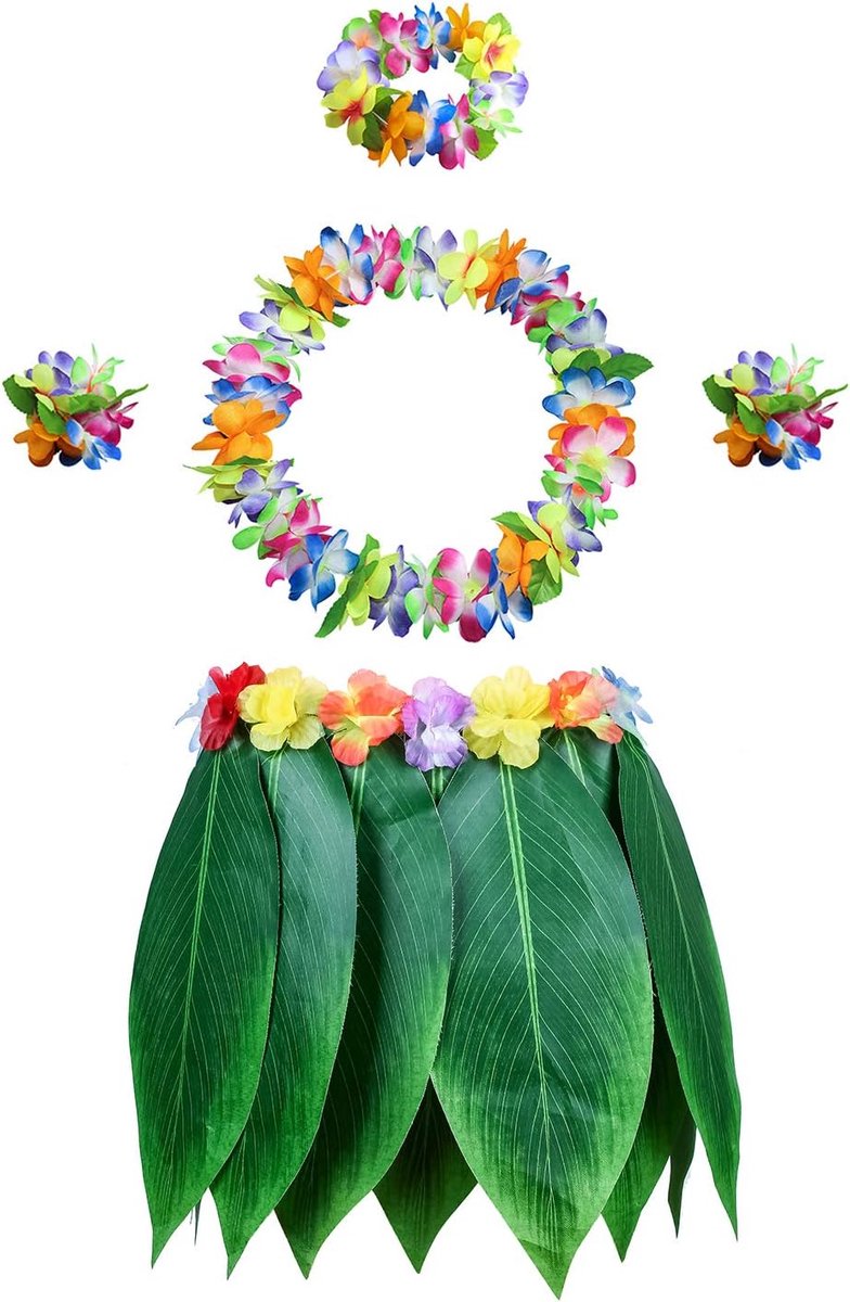 5 stuks vellen hoelarok en Hawaïaanse leis-set, hoelarok + bloem hoofdband + 2 bloemenarmbanden + halsketting slinger, Hula Luau feestkostuum voor vrouwen, meisjes (patroon A)