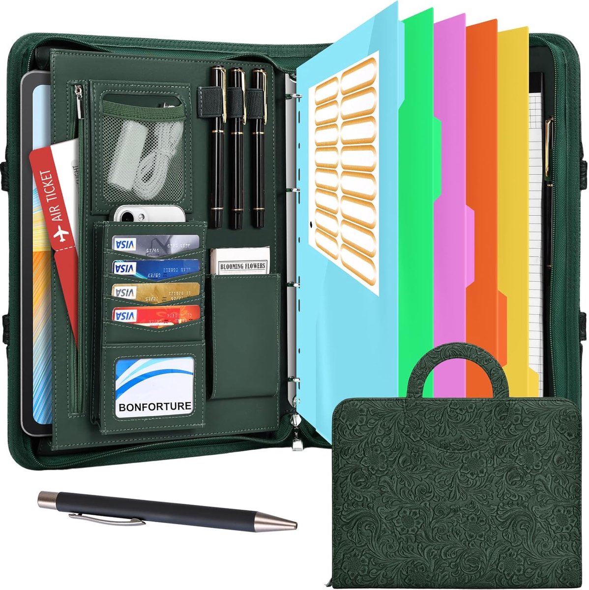 SnelShoppen - Portfolio Folder A4 met Magnetische Handgreep, Vegan Leer Rits Conferentiemap met 4 Ringen, Documenthouder met Meerdere Compartimenten v