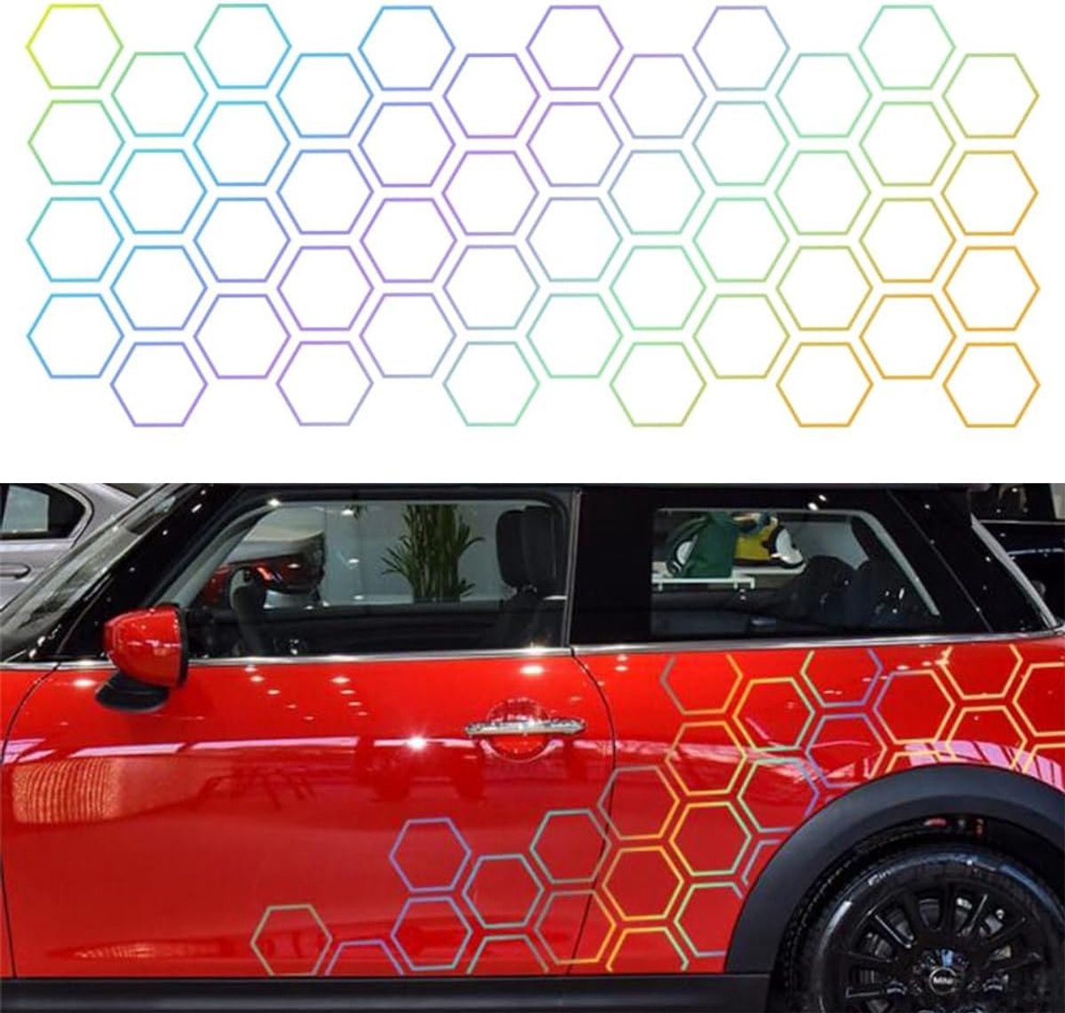 autosticker met honingraatpatroon, set van 48 stuks stickers met honingraatpatroon, autosticker voor tuning en decoratieve grappige grote motieven voor automotorkappen, zijkanten