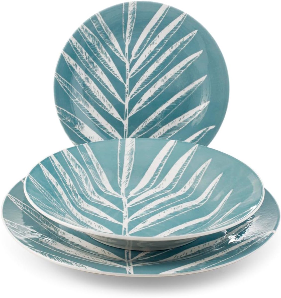 Blue Foliage Tafelservies van porselein, versierd, 18-delig, 6 platte borden van 27 cm, 6 diepe borden van 23 cm, 6 vruchten en 19 cm vleugelvorm, geschikt voor vaatwasser en magnetron