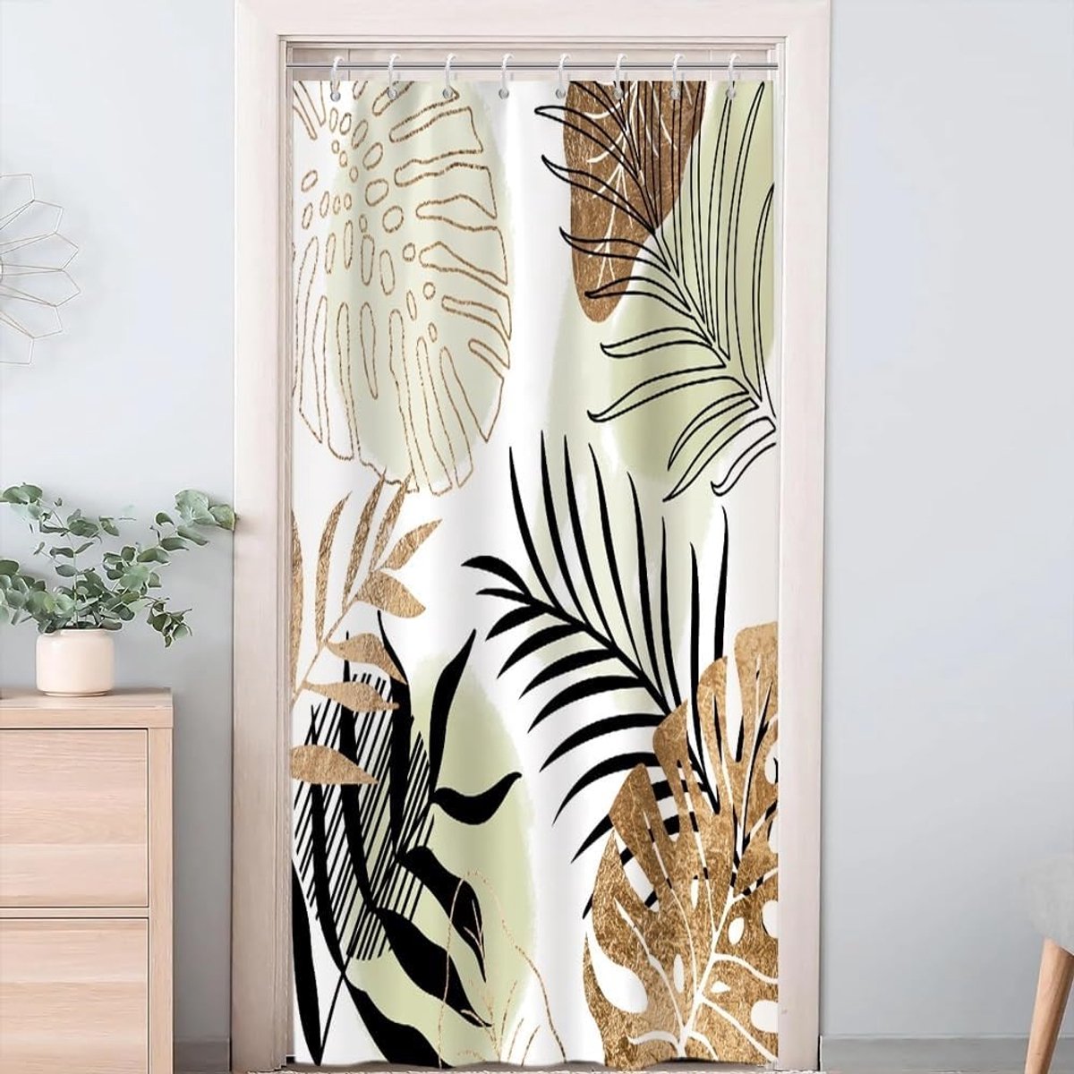 Douchegordijn, groen, douchegordijn, 120 x 200 cm, schimmelwerend, tropisch, abstract, palmbladeren, badgordijnen, waterdicht, wasbaar, badkamergordijnen met 8 haken