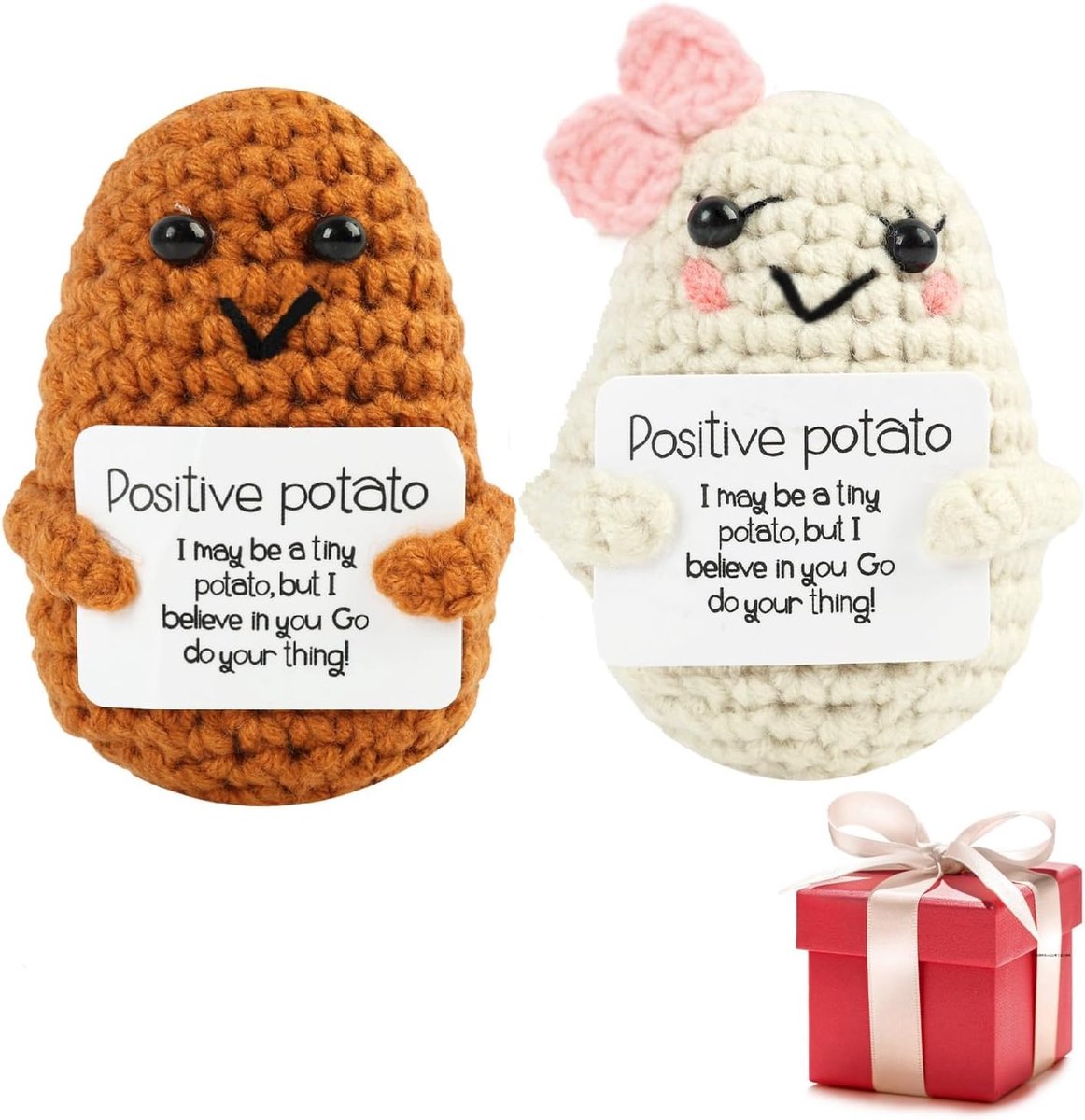 2 stuks positieve gehaakte aardappel, handgebreide pluche, schattige decoratie, aanmoedigingscadeau voor dames, heren, kinderen, koppels, vrienden, kerstcadeau, schattige decoratie voor