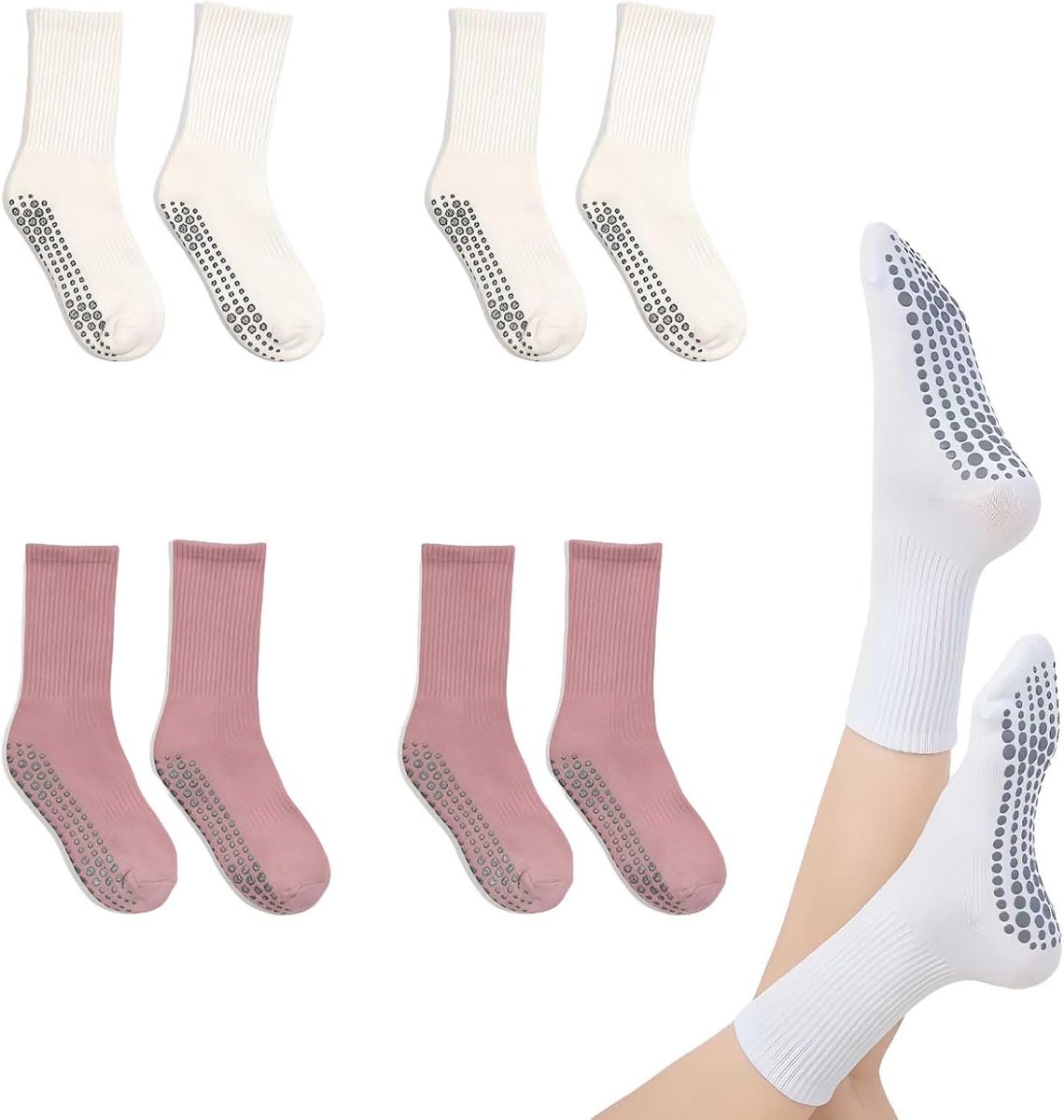 Sokken dames – grip sokken pilates katoen – 3 paar comfortabele ademende sokken – zwart grijs roze – maat 35-42 voor sport, fitness en thuisgebruik