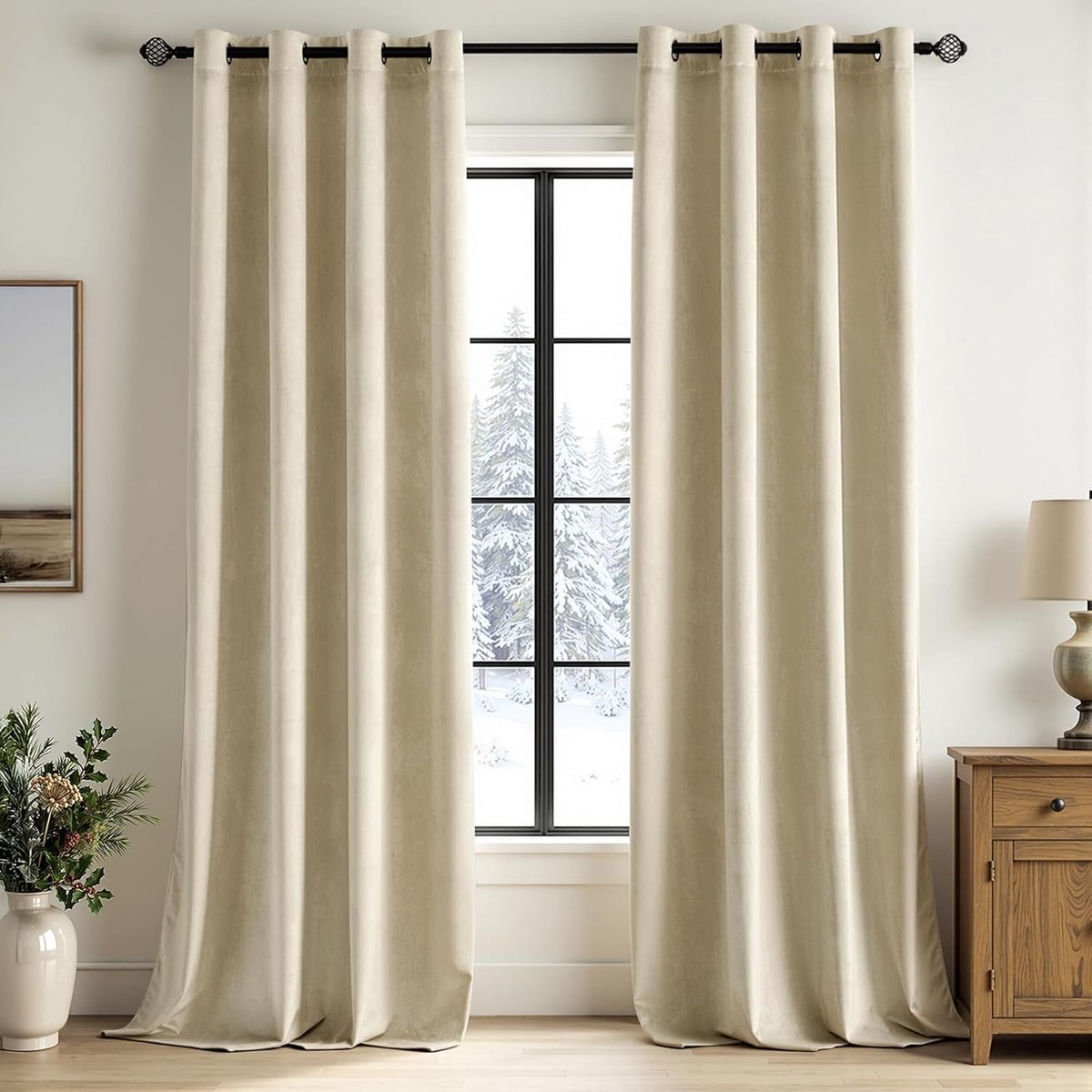thermische verduisteringsgordijnen voor woonkamer en slaapkamer, fluweel, isolerend, warmte-/koudewerend, rekbaar, met ringen, set van 2, 140x225cm, lichtbeige
