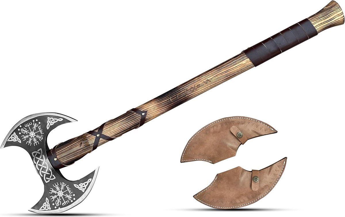 Handgemaakte decoratieve bijl – lemmet van koolstofstaal met essenhouten handvat – Diverse lemmetontwerpen met lederen handvat – incl. beschermhoes – 4 varianten (Dual Blade)