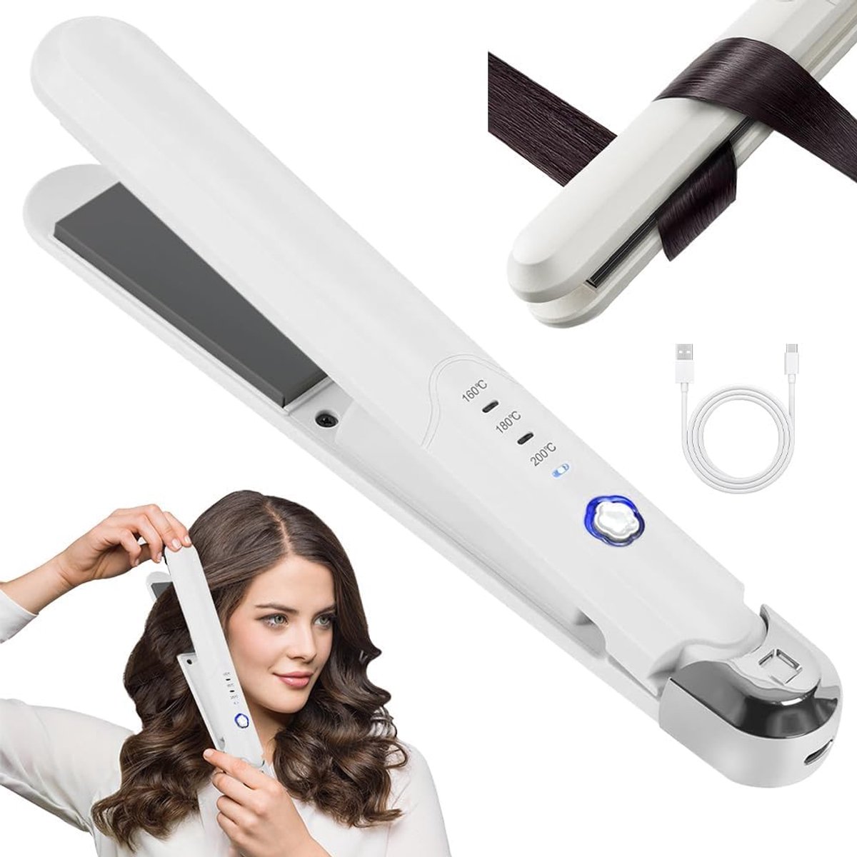 draadloze stijltang, 2-in-1 draadloze stijltang voor vrouwen, 3 temperatuurstanden stijltang voor lang en kort haar, accu-stijltang met USB-opladen, 2500 mAh, ideaal voor onderweg (wit)