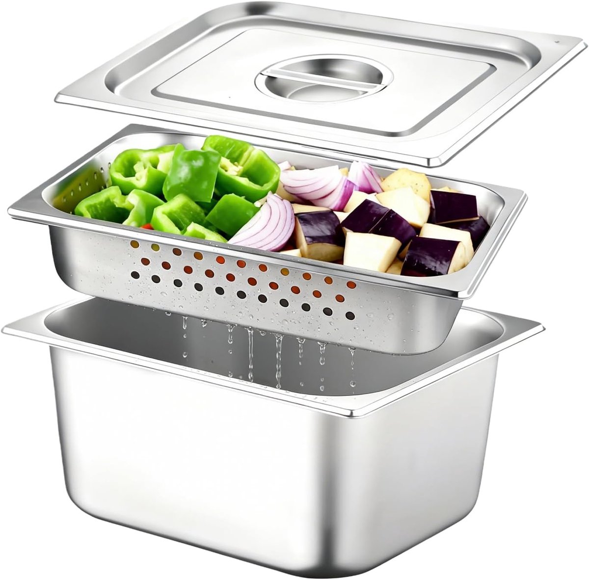 1/2 gastronormcontainers, paneerschalen met stoominzet en deksel, paneerschalen, 3-delig, 32,5 x 17,5 x 6,5 cm, roestvrijstalen paneerset voor koteletten, warmhoudcontainer, eten voor schnitzels
