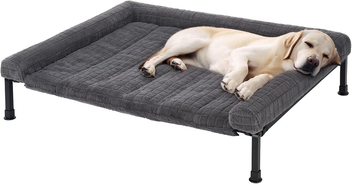 Verhoogd hondenbed xl wasbaar voor grote honden, pluizig verhoogd hondenbed met afneembare steun, extra grote hondenslaapbanken voor buiten met antislipvoeten, grijs 106 x 76 x 20 cm