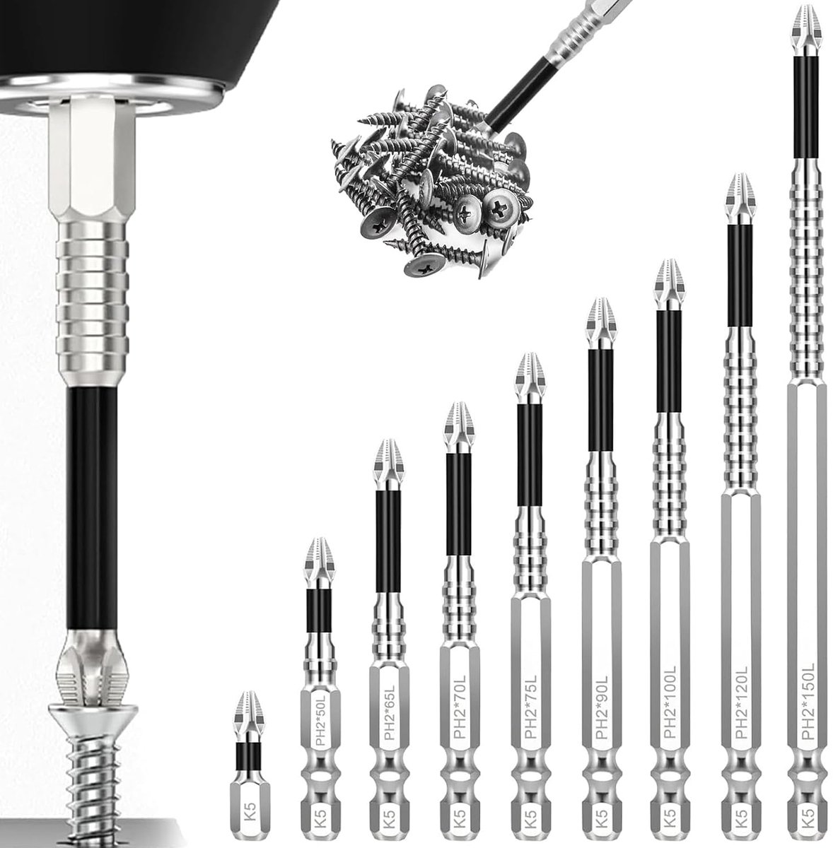 9 stuks high-magnetische schroevendraaierbits, K5 anti-slip kruiskop-bits, universele sterke magnetische en duurzame schroevendraaier-boorset, 25, 50, 65, 70, 75, 90, 100, 120, 150 mm