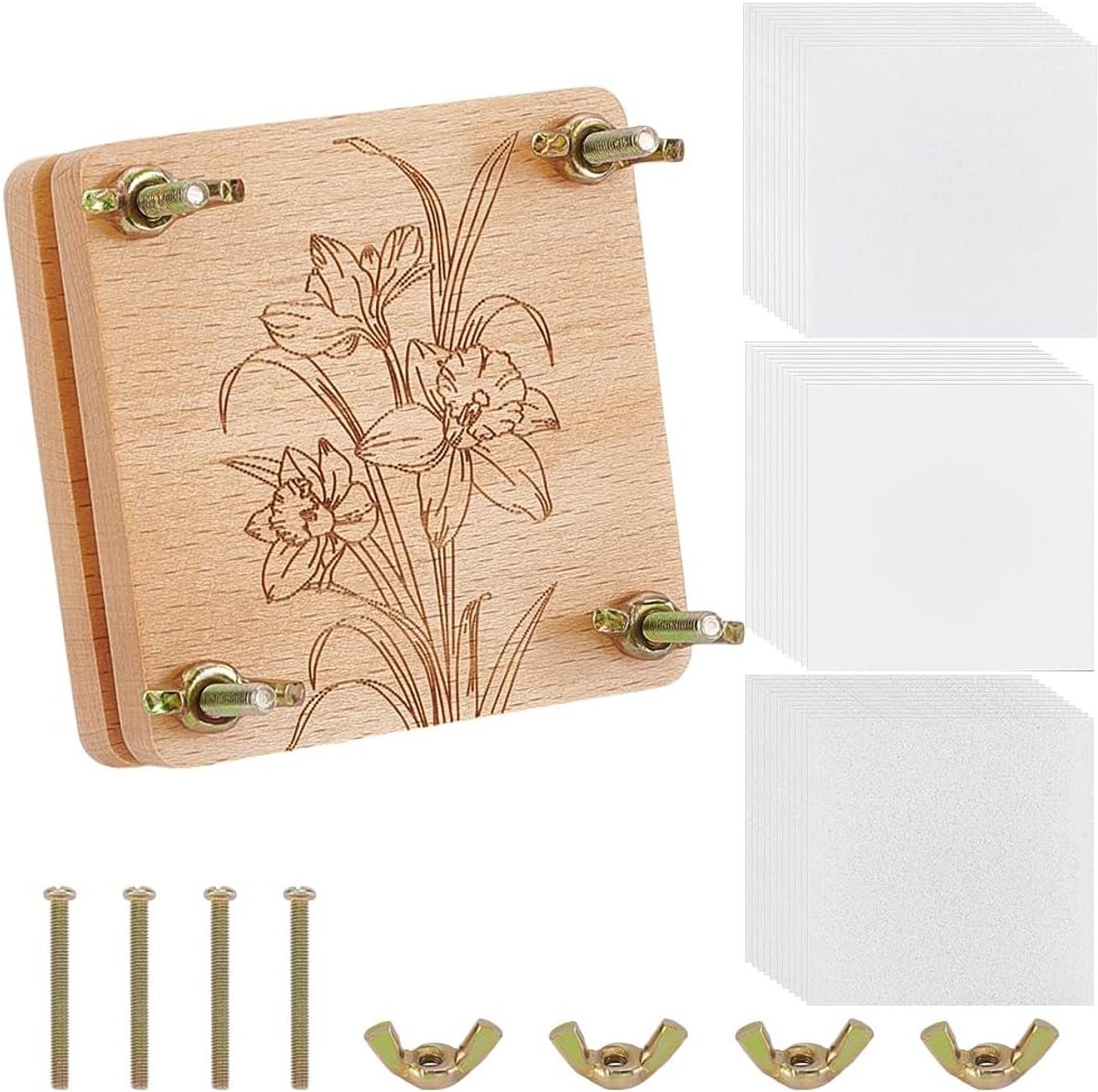 Flower Press Kit 8-laags persset voor bloemen en bladeren van hout met gereedschap, kleine botanische pers voor doe-het-zelf kunst met geperste bloemen, 7,6 x 7,55 x 0,85 cm