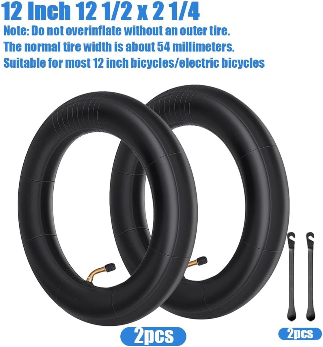 12 inch kinderwagen binnenband, 2 stuks 12 1/2 x 2 1/4 fietsband met hoekventiel 45° incl. en 2 bandenlichters dubbele sterkte banden voor driewieler loopfiets fiets aanhanger kinderfiets