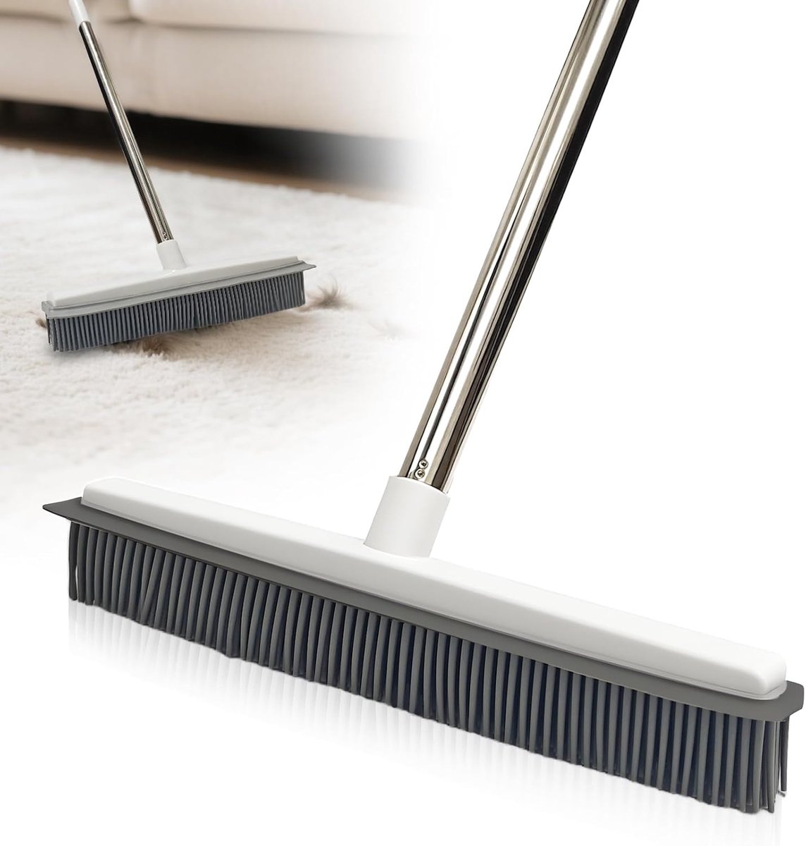 rubberen bezem,2-in-1 bezem met rubberen borstelharen en waterafstrijkstrip,verwijdert katten- en hondenharen,tapijtborstel voor ramen,houten vloeren, tegels en tapijten