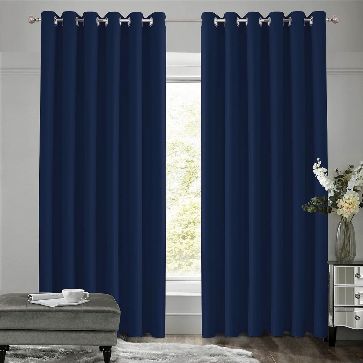 set van 2, H 229 x B 229 cm, modern thermogordijn, koudebescherming met ringen, verduisterende slaapkamer, ondoorzichtige gordijnen, donkerblauw