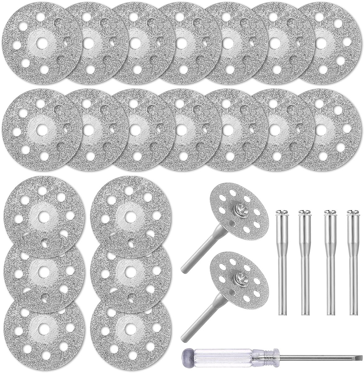 25 Stuks Snijschijven 22 mm voor Dremel – Accessoires voor het Snijden van Steen, Glas, Tegels – Inclusief 4 Spindels van 3 mm en 1 Schroevendraaier