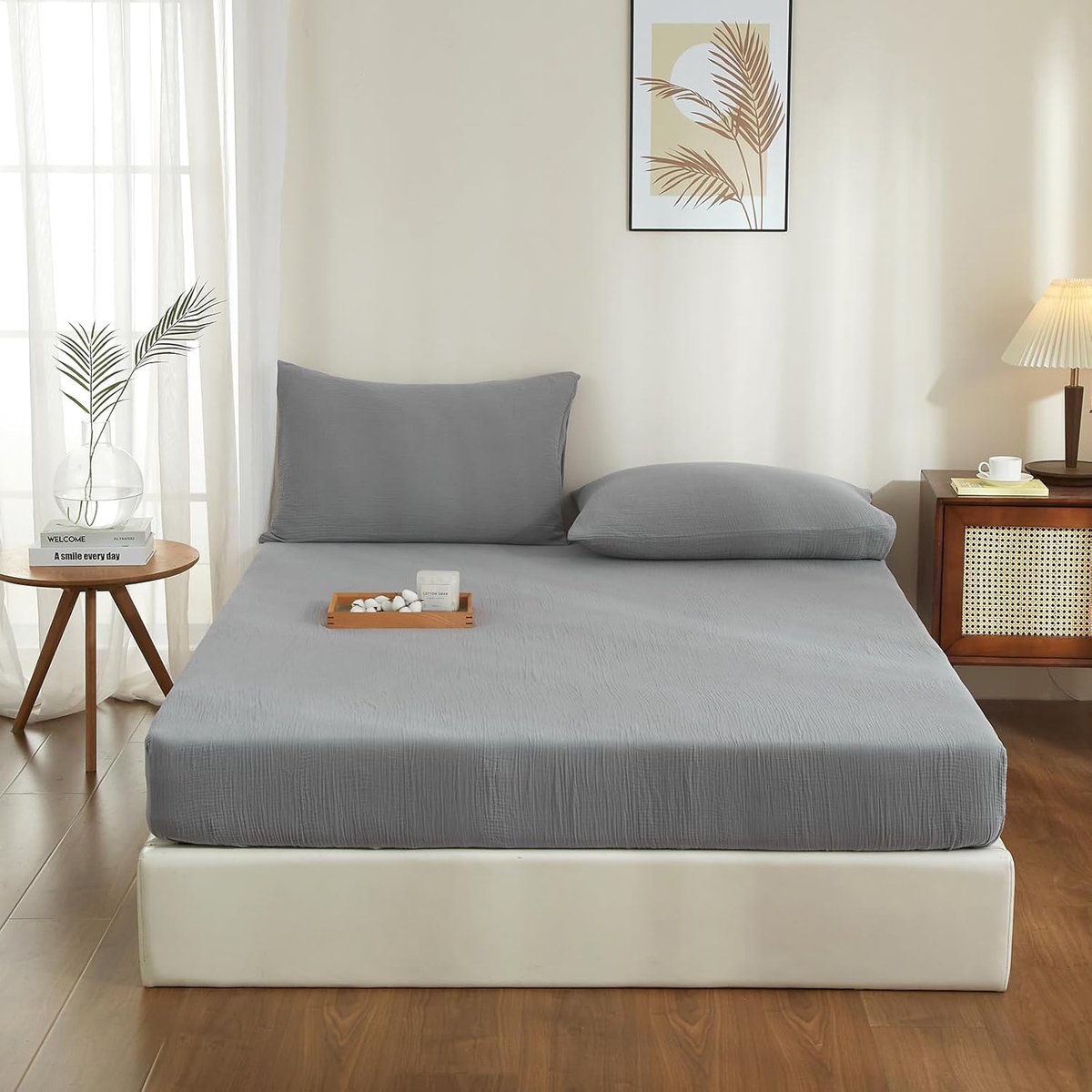 Muslin Hoeslaken 200x200cm 100% Katoen Grijs Muslin Bedlaken 200x200cm Katoen Zacht Ademend Knuffelachtig Spannbetttuch Boxspring Geschikt voor 30cm Matras