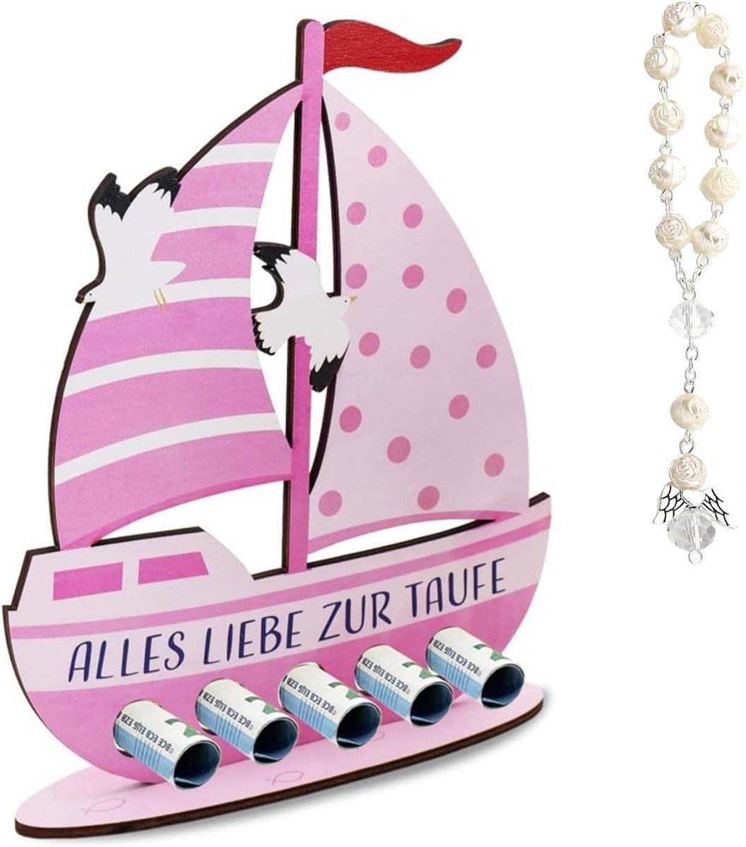 meisjes roze met armband, houten boot met basis, schattig schattig geldcadeau voor doop, liefde voor doop, geschenken baby