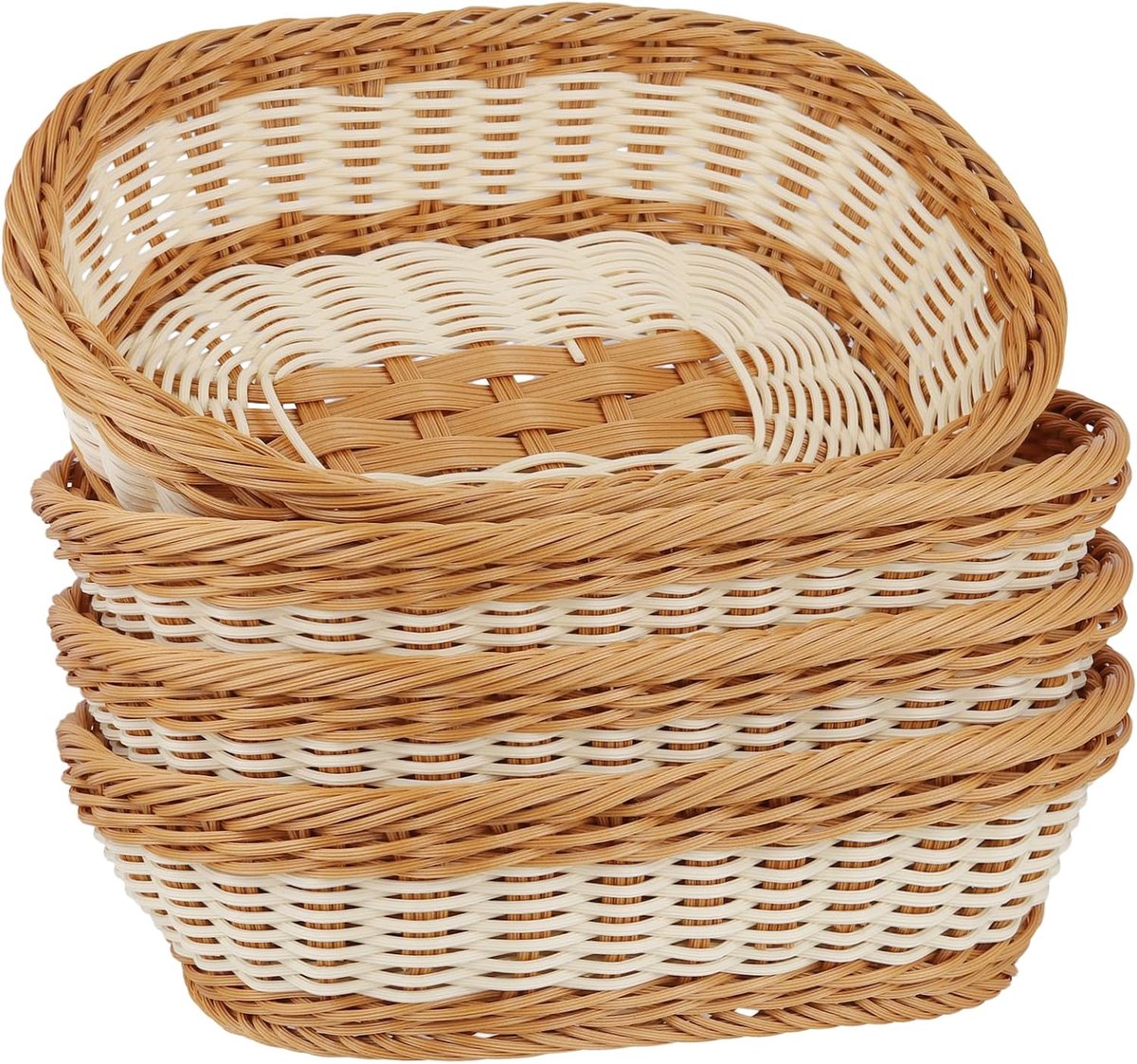 4 stuks ovale broodmand gevlochten, 30 x 20 x 7 cm, tweekleurig beige bruin, broodmand, kunststof broodmand voor broodjes