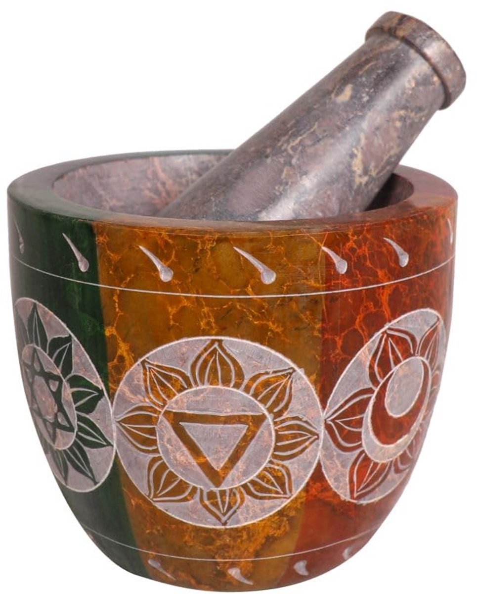 Mortier en een stamper, gemaakt van zware gepolijste harde steen, natuursteenmolen voor specerijen, pasta's, kruiden, kruiden enz. (7 chakra)