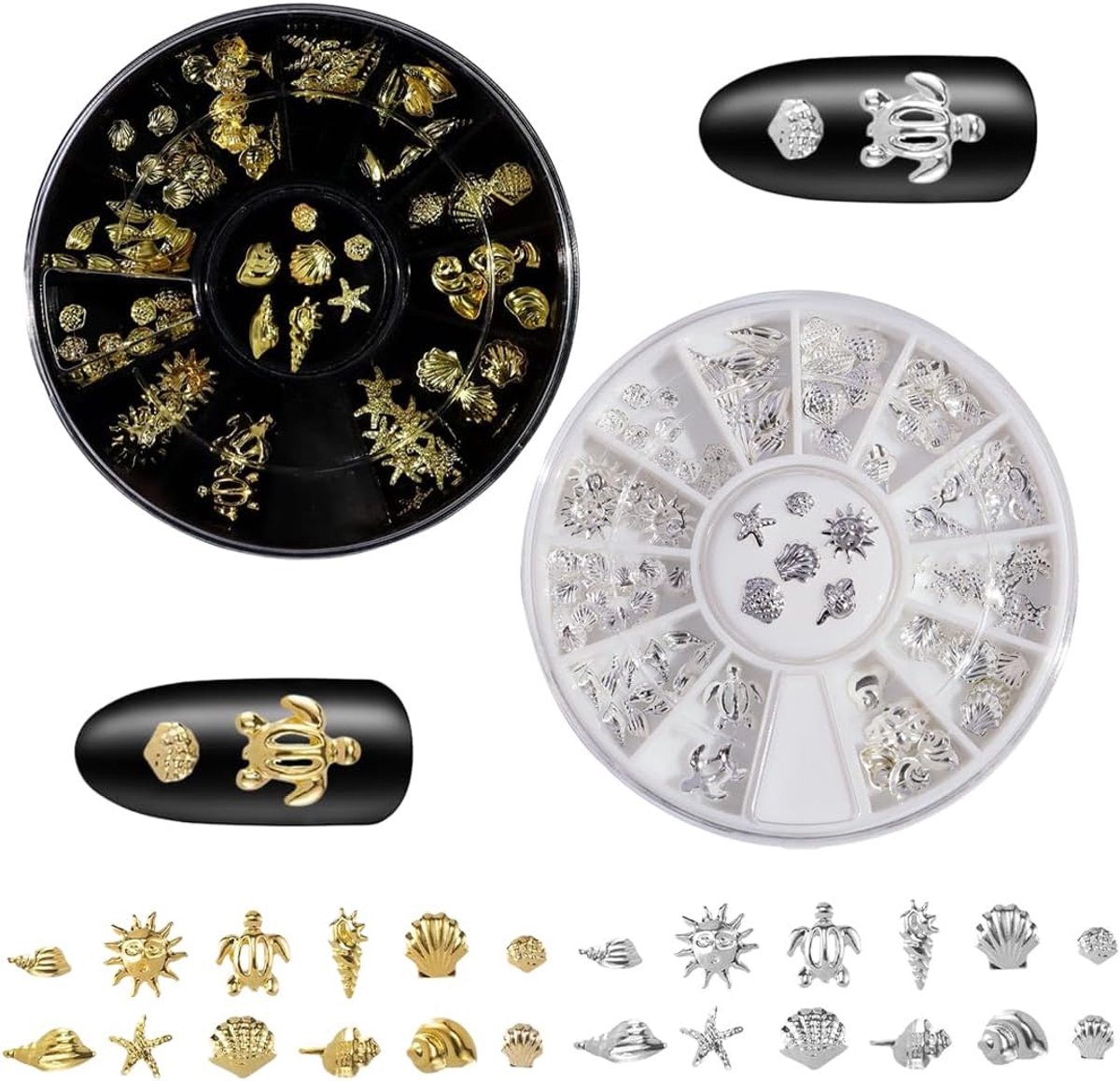 2 sets oceaanbedels nagels, nagelbedels, steentjes voor nagels, nagelbedels goud, nagelbedels zilver