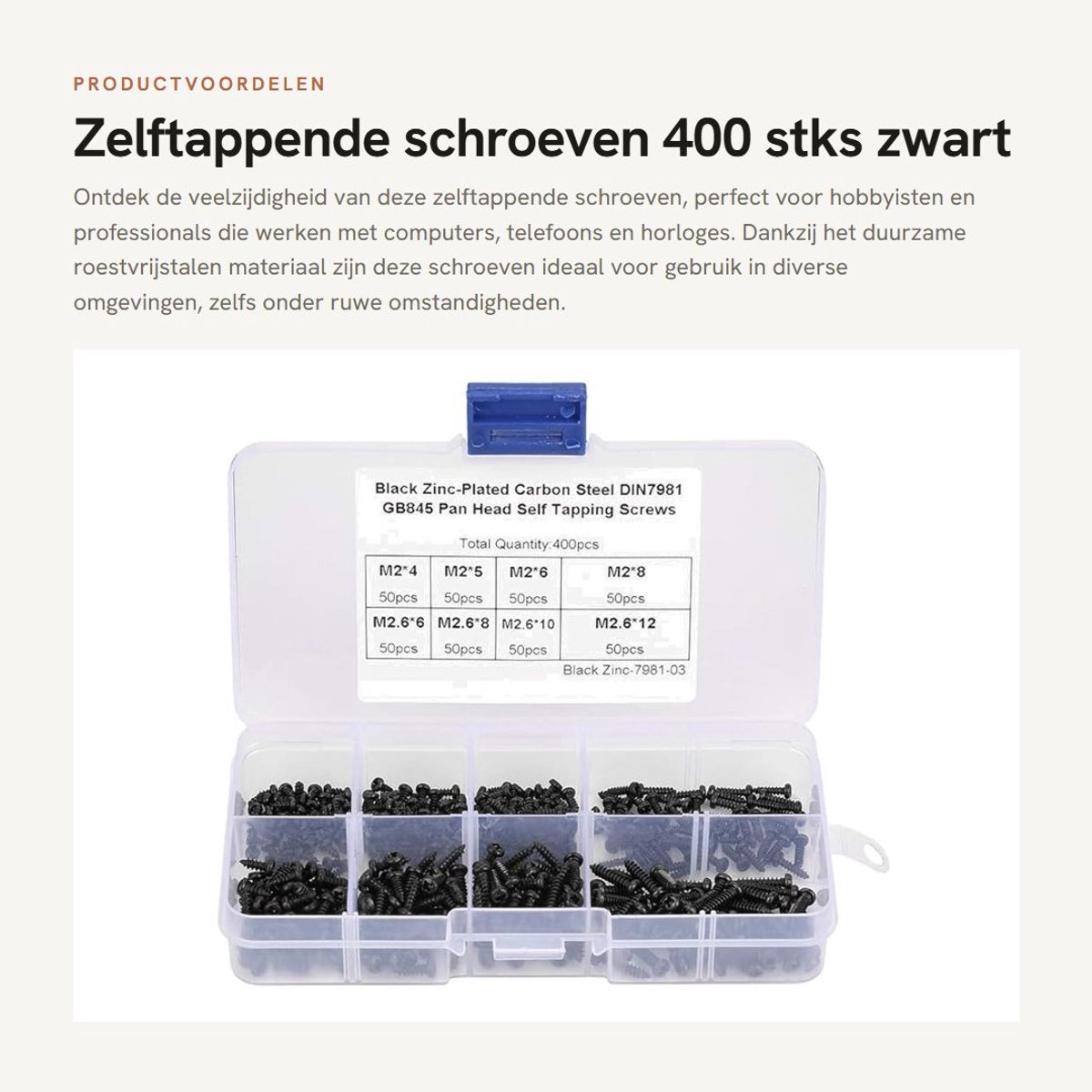 Dailygoods- Zelftappende Schroeven 400 Stuks - Roestvrij Staal - Assortimentset - Plastic Opbergdoos - Geschikt voor Hout/Plastic/Zacht Metaal - Hoge Sterkte