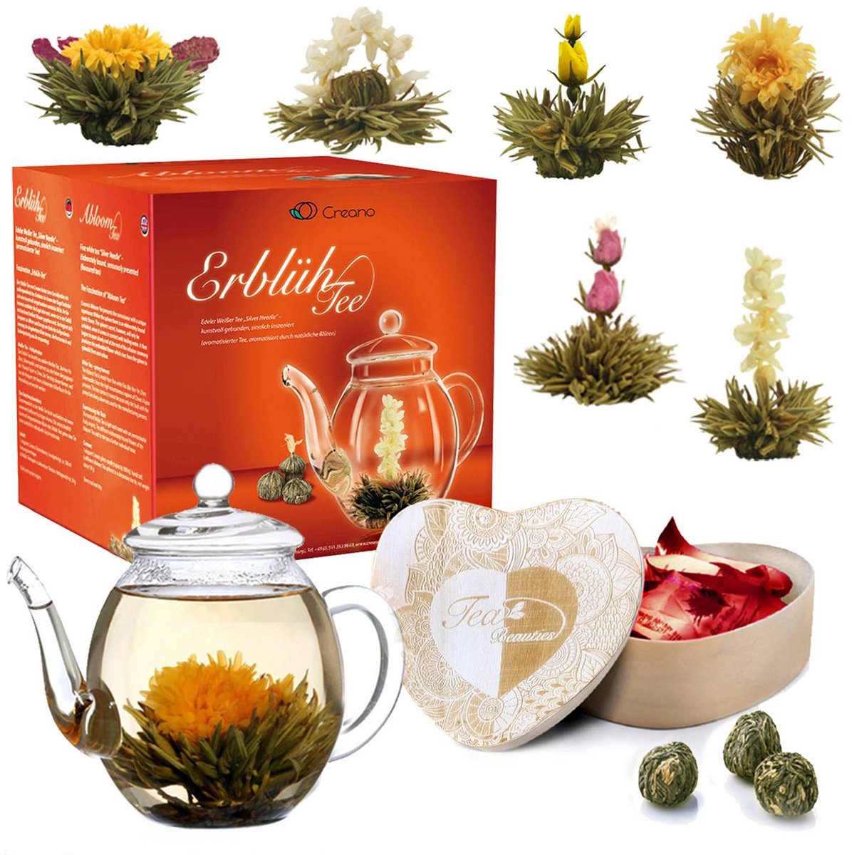 Set van 6 bloementhee witte thee in hartvormige houten kist + 500ml theepot