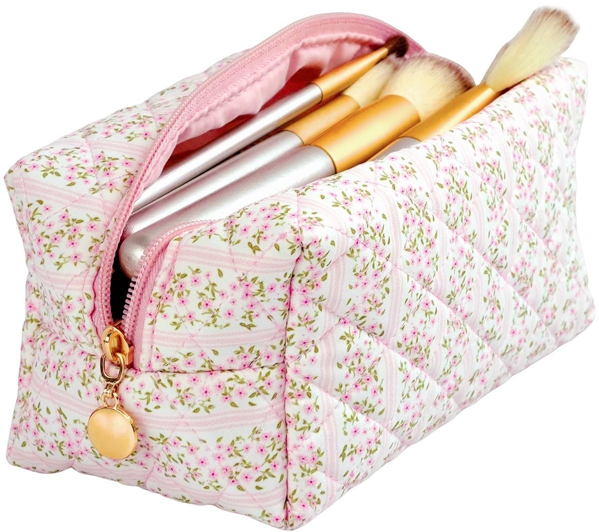 Dailygoods- Cosmeticatas Draagbaar - Gewatteerd - Roze - Ritssluiting - Make-up Tasje met Spiegel - Perfect Cadeau - Make-uptas