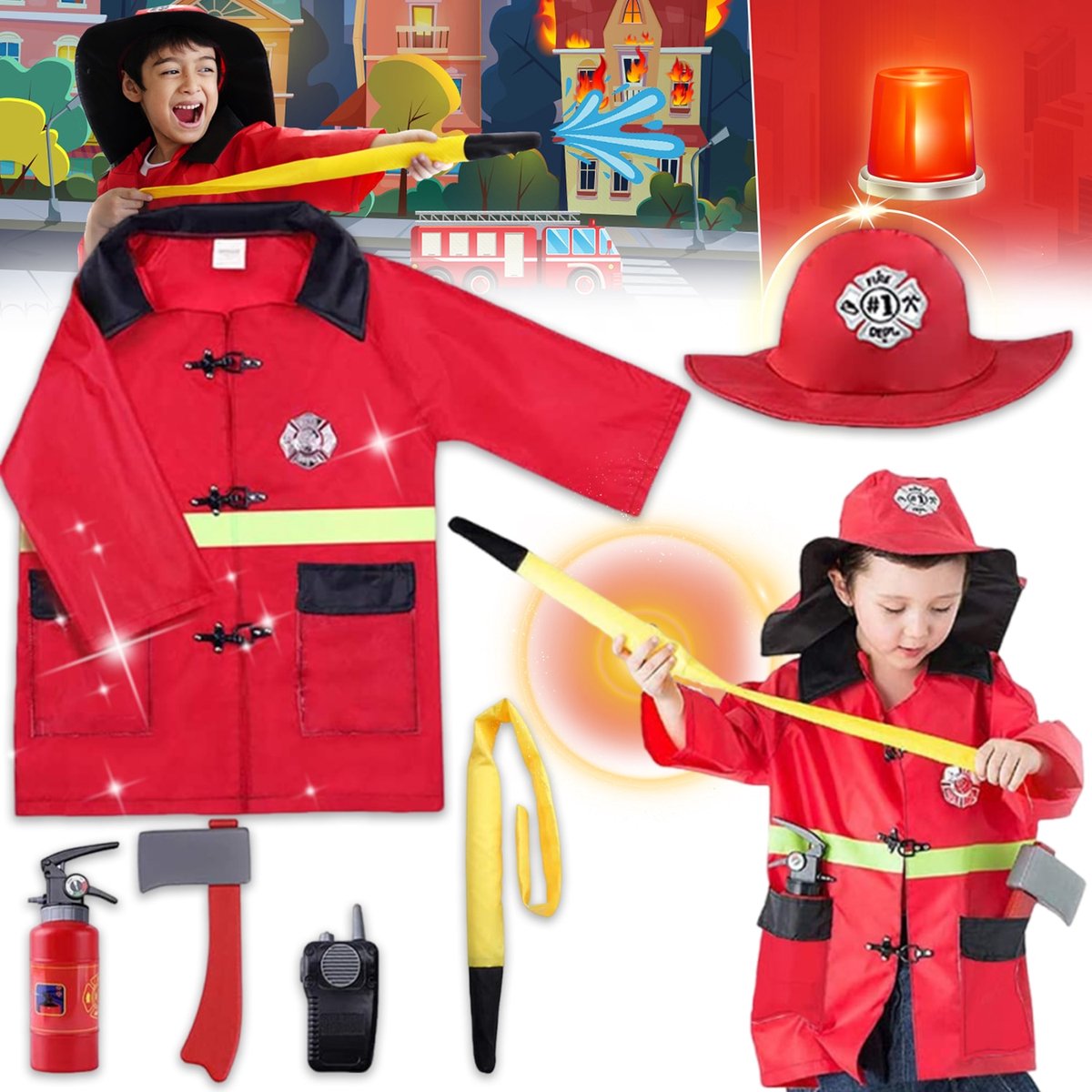 Brandweer verkleedpak - Kinderbrandweerpak - Carnavalskleding kinderen - TENZHVXI® - 60 cm - één maat, 3-6 jaar - Met helm, brandblusser, walkie-talkie, brandweerpak, waterleidingaccessoires - Halloween, Carnaval, Kerstmis, Pasen, Kinderdag - Rood