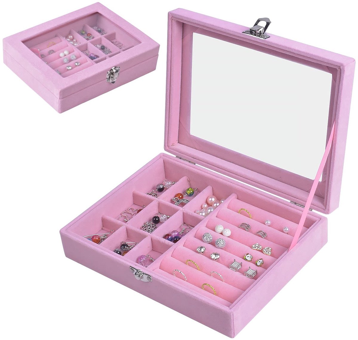Dailygoods- Sieradenbox Organizer 9 Grids - Fluwelen Opbergdoos - Ring/Display - Transparant Glazen Deksel - Elegant Slot - 20 x 15 x 5 cm - Sieradenopbergdoos