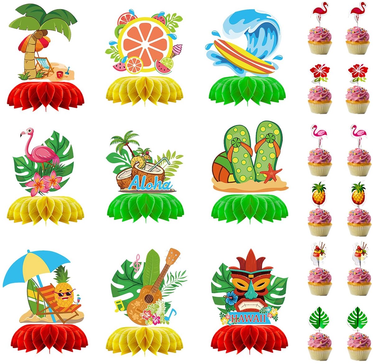 Dailygoods- Tafeldecoratie Hawaii - 9 Stuks Bienenwabe-Middelstukken - 24 Stuks Cupcake Topper - Feestdecoratie - Tafelversiering - Tropische Sfeer