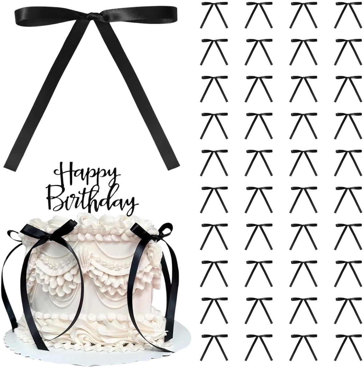 Dailygoods- Taartdecoraties 40 Stuks - Zwarte Linten/Strik - Taart Toppers - Bruiloft/Baby Shower - Verjaardag/Huwelijk - 8cm x 14cm - Taarttoppers