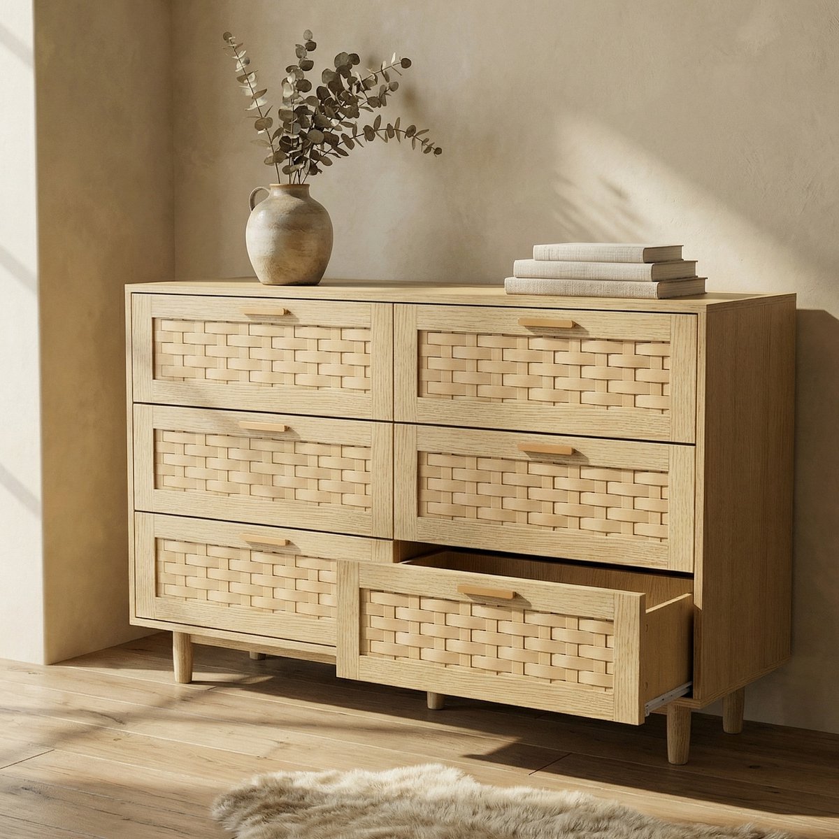 Ladekast - 115x40x80 cm - met 6 lades - hout en metaal - rotan look - Houtkleur