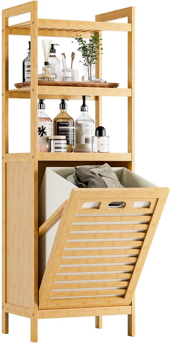 Dailygoods- Wasmandkast met verwijderbare mand - Bamboe badkamerkast - Ruimtebesparend opbergmeubel - Multifunctioneel - Handvatten voor verplaatsen - Stijlvol design - Opbergkast