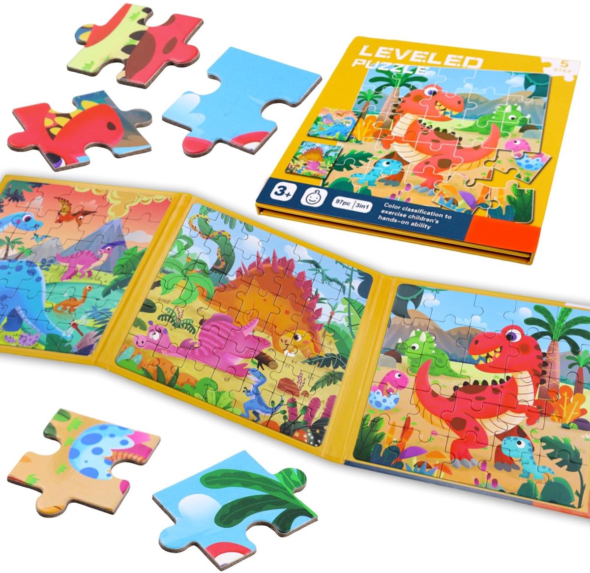 Dailygoods- Kinderpuzzel 3-in-1 - Magnetische Puzzel - Dinosaurus - Fijne Motoriek - Logische Vaardigheden - Activiteit voor Kinderen - Puzzelboek