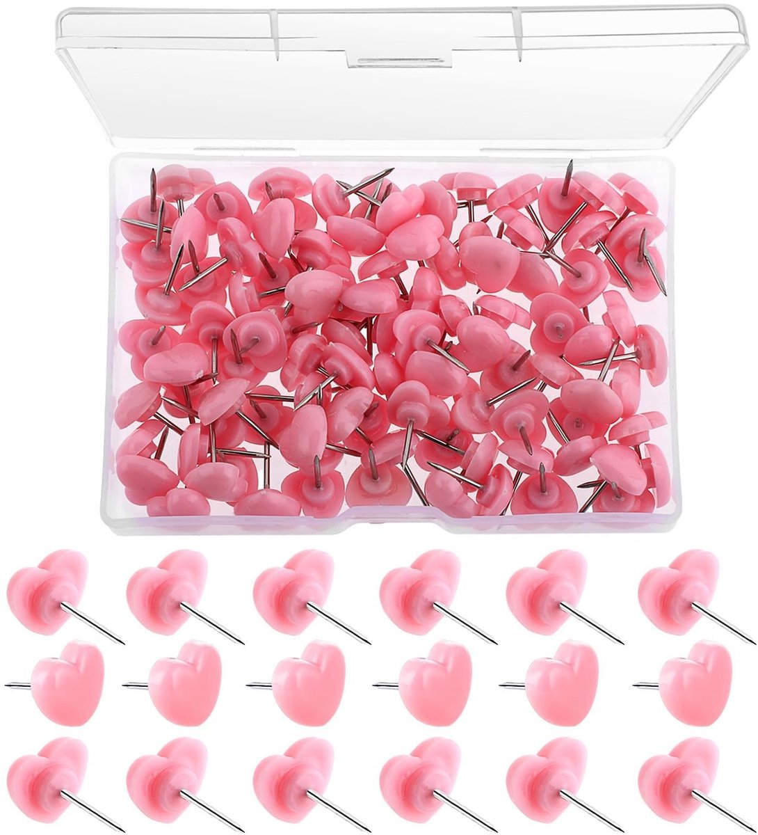 Dailygoods- Punaises Hartvormig - 100 Stuks Roze - Decoratieve Duimspijkers - Kurkbord - Wanddecoratie - Transparante Opbergdoos