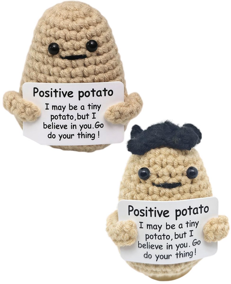 Dailygoods- Aardappelpop - 2 stuks gebreide poppen - Hartverwarmend cadeau - Inspirerende kaart - Mini knuffel - Positieve boodschap - Knuffelpop