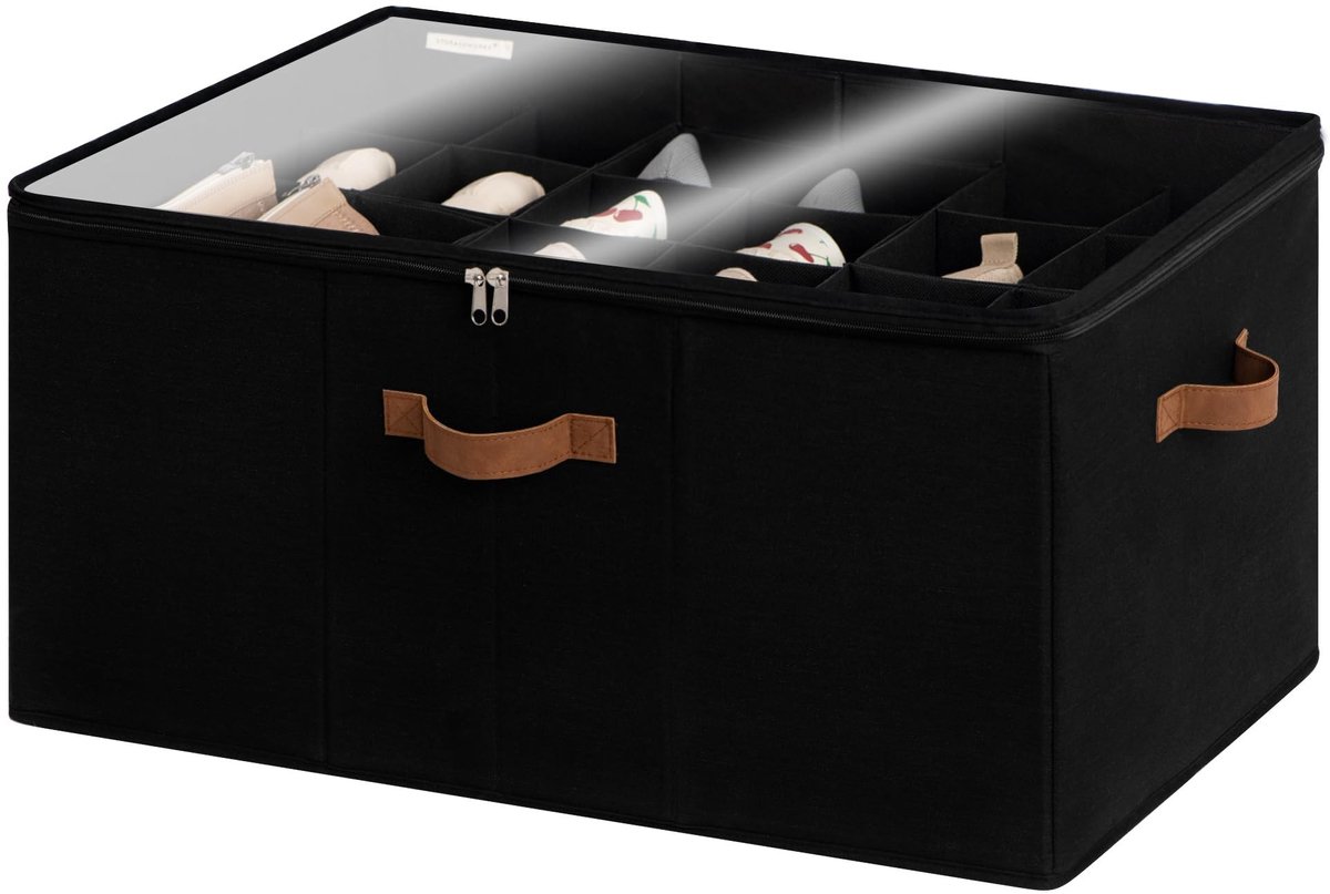 Dailygoods- Schoenorganizer Extra Groot - Opbergbox voor 24 Paar - Verstelbare Vakken - Schoenendoos met Deksel - Zwarte Doos - Stoffen Schoenopbergdoos