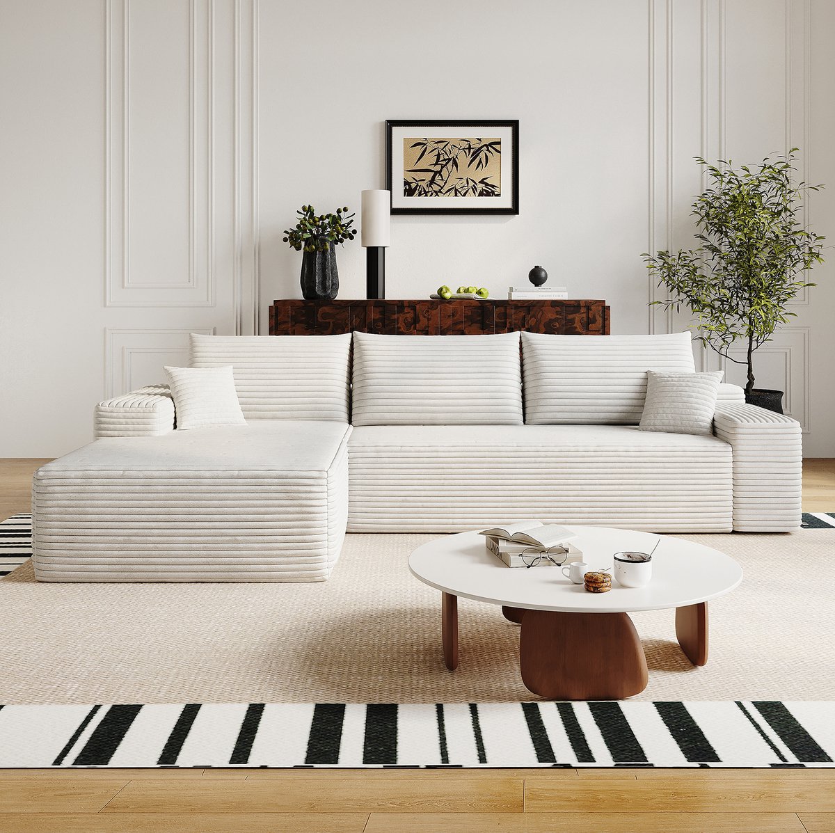 MODENUIT Hoekbank 270 cm - L-vormige Chaise Longue - 3-Zits Voor Woonkamer En Appartement - Stof Wit