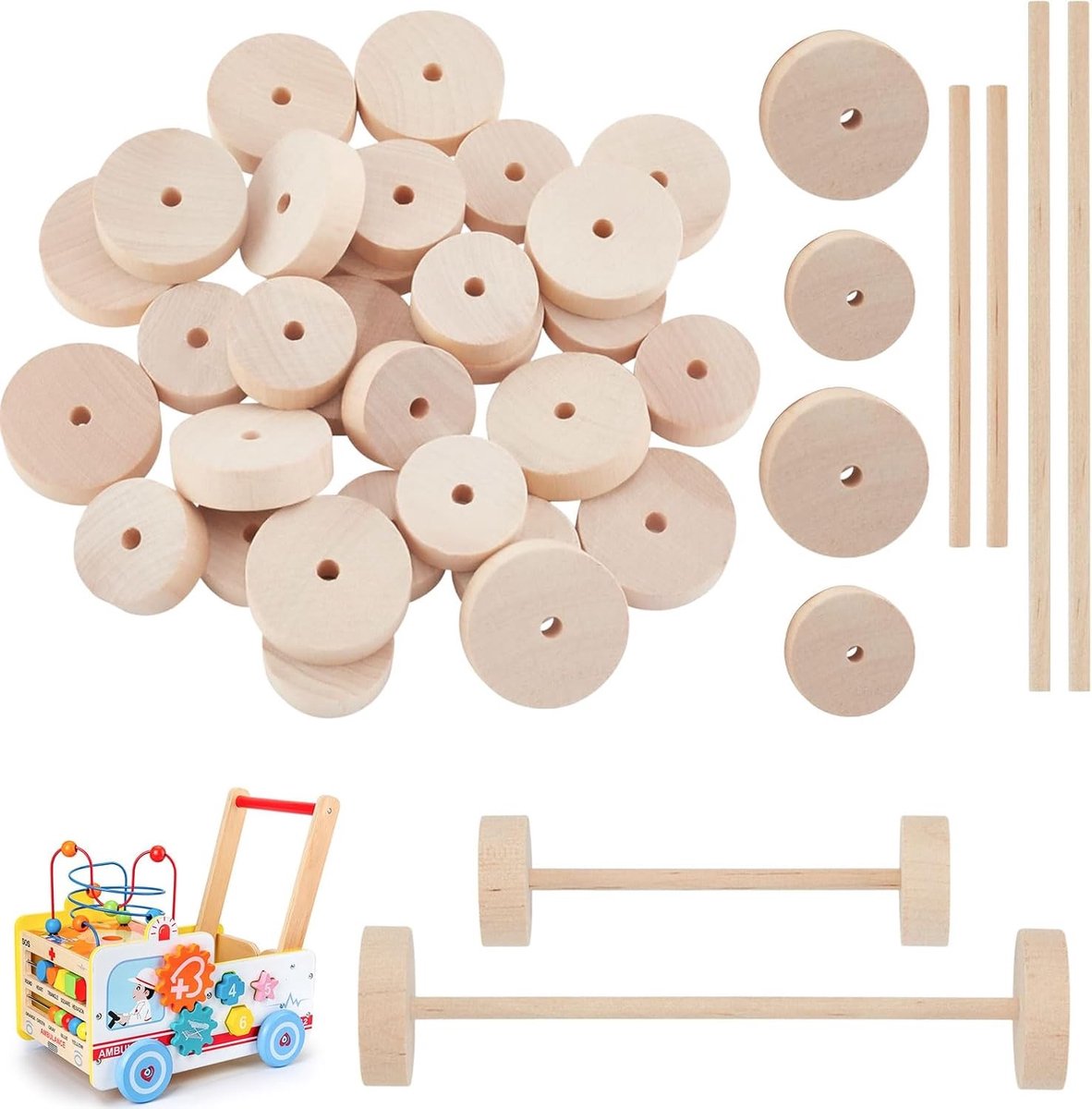 80-delige set houten wielen voor knutselen, ongeschilderde houten schijven met gaten, mini wielen met assen en houten stokjes
