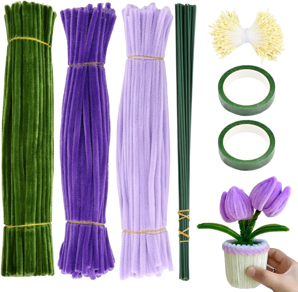 Kleurrijke Tulpenboeket Borstels - 300 Stuks Flexibele Borstels, Chenille Draad, Bloem Kern en Floral Lint voor Creatieve Bloemschikken