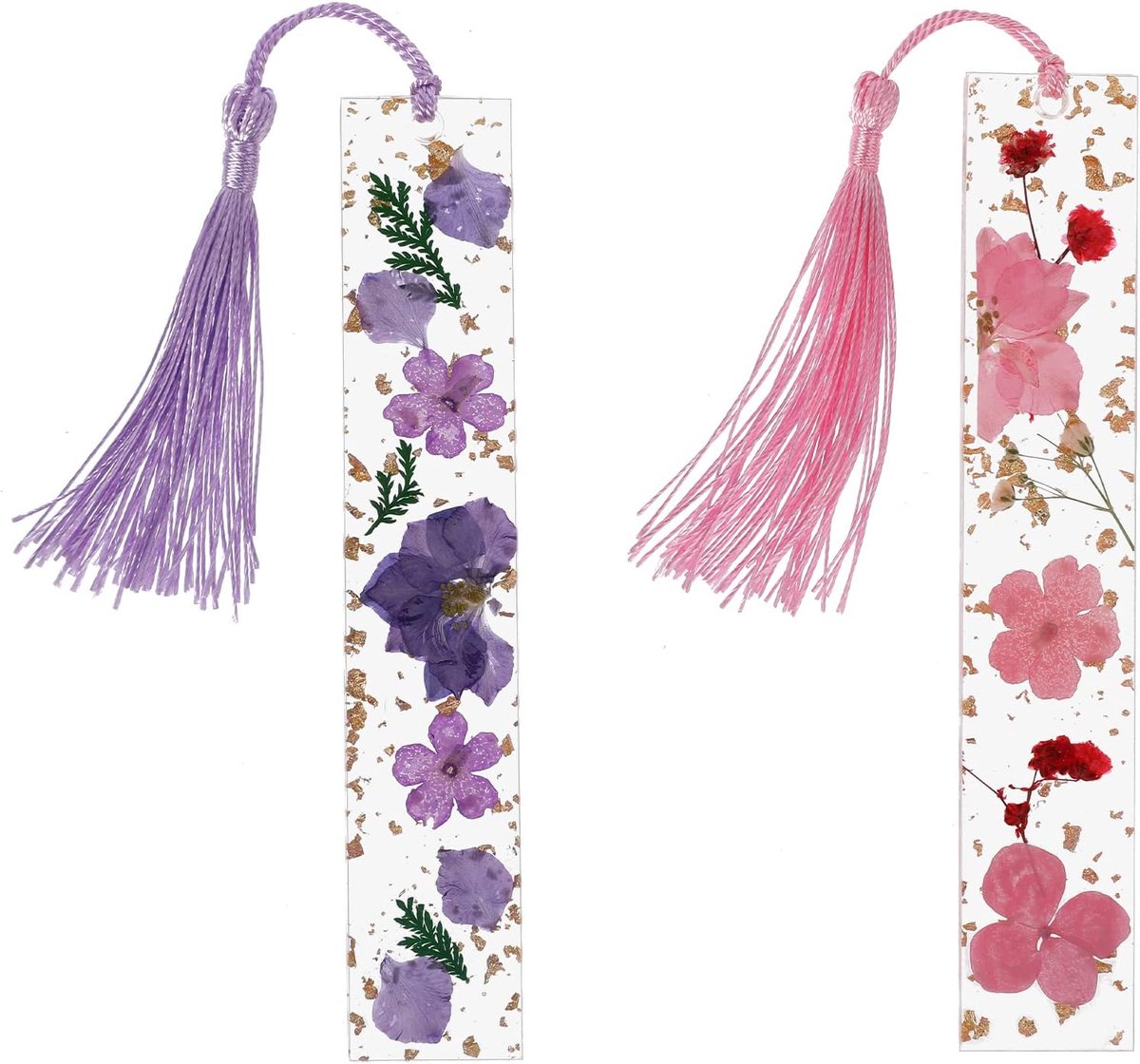 Bladwijzers van hars gedroogde bloemen - 2 stuks - transparante geperste bloemen - bladwijzers - handgemaakte bloemenpaginamarkering met kwast - leuke bladwijzer voor vrouwen en kinderen - paars +